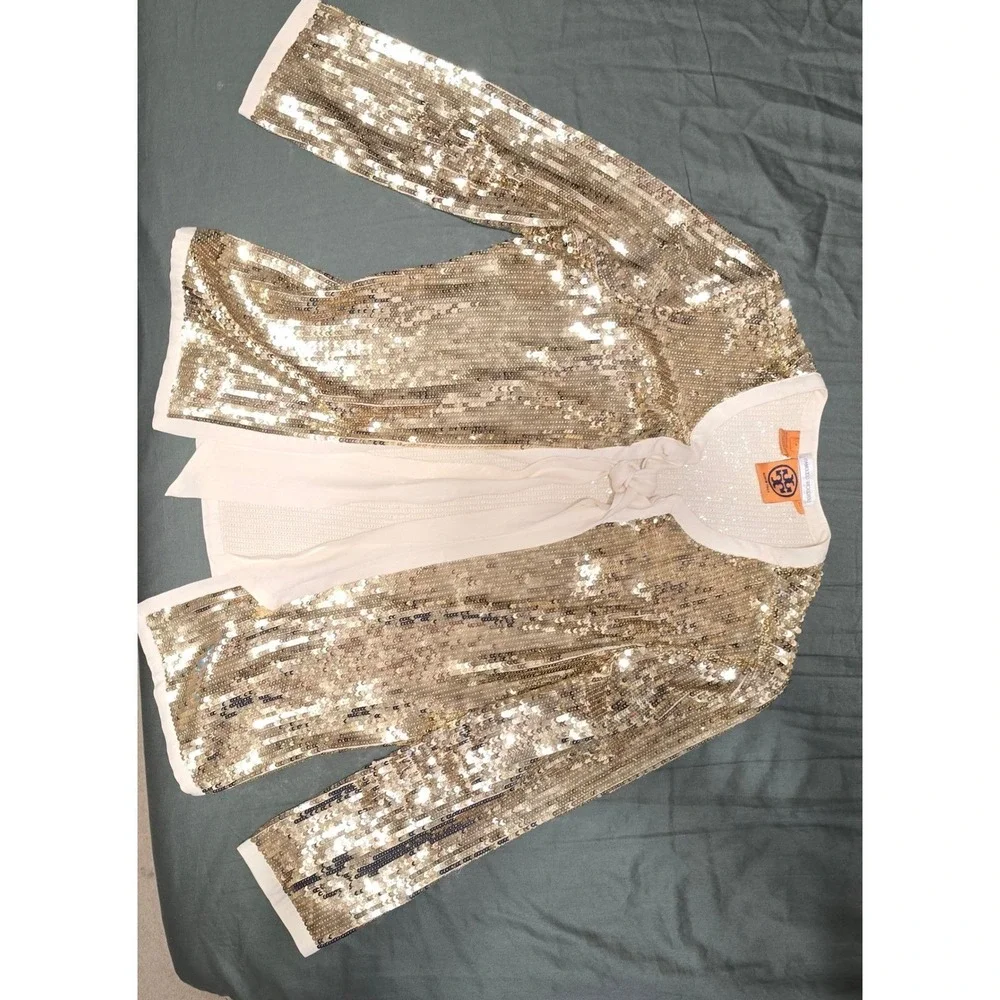Tory Burch Bergdorf Goodman Gold Sequin Silk Tie Front Jacket Cardigan‎ Top SZ 4